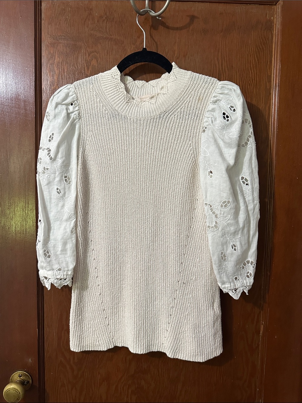 Rebecca Taylor Cream Puff-Sleeve Knit Top with Eyelet Sleeves